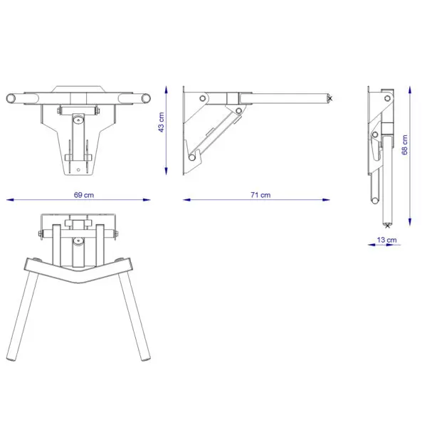 The technical drawing of the ATX® Folding Wall Mounted Dip Handles illustrates multiple views, with dimensions: 69 cm width, 49 cm height, and 13 cm folded depth. The side view depth is 71 cm. Various angles and structural components are shown.