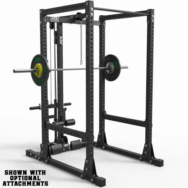 A black ATX® Flip Down Spotters 7/95 squat rack comes with a barbell, weight plates, and optional attachments like a pulley system and leg curl pad. Its frame has multiple holes for adjustable heights. Text reads, SHOWN WITH OPTIONAL ATTACHMENTS.