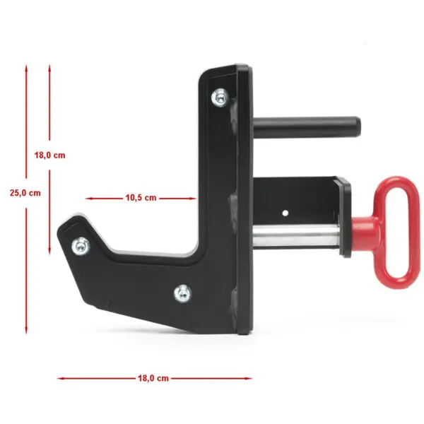 The ATX® J-Hooks Type III is a black and red device featuring a clamp mechanism with two protruding handles. It measures 25 cm in height, 18 cm in width, and 10.5 cm in depth.