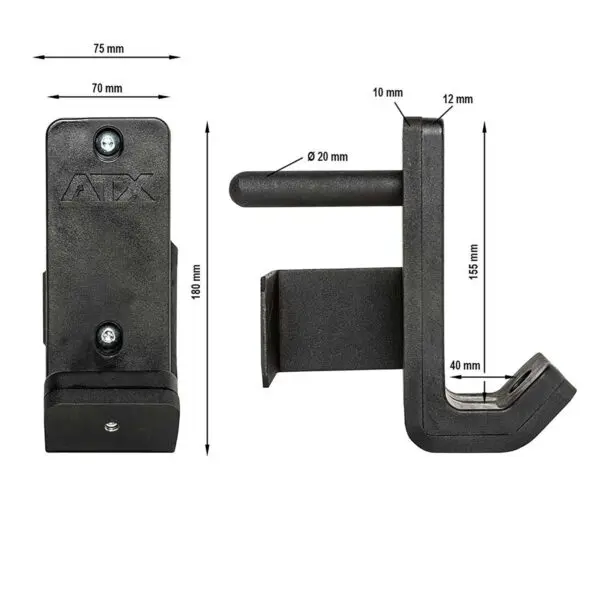 The ATX® PRX J-Hooks V 70mm in black is displayed, showing dimensions. Front view: 180mm tall, 70mm wide, 75mm deep. Side view: 155mm tall, 40mm deep with a hook diameter of 20mm. Measurements are marked with arrows.