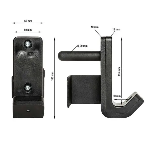 Image depicting two black ATX® PRX J-Hooks V 60mm brackets: The left is 160mm tall, 65mm wide, with a 60mm inner width. The right is 165mm tall with a 20mm rod diameter, a 10mm grip, and bottom extensions of 12mm and 30mm.