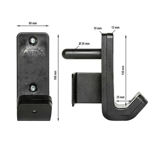 The ATX® PRX J-Hooks V 50mm includes two black metal brackets, detailed in millimeters. One has two screw holes with a protruding hook, while the other has a sharp angled hook. The ATX logo appears on one bracket.