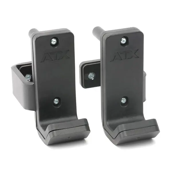 The ATX® J Hooks Compact consists of two black metal brackets with protruding pins and screw holes, designed to attach to a structure for holding equipment. Each bracket is embossed with the letters ATX.