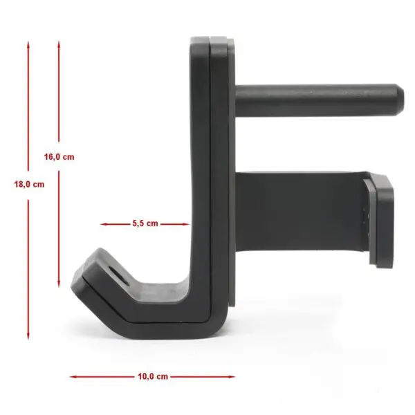 Side view of the ATX® J Hooks Compact, a black L-shaped wall mount bracket with dimensions: height 18.0 cm, depth 16.0 cm, width 10.0 cm, and arm depth 5.5 cm marked.