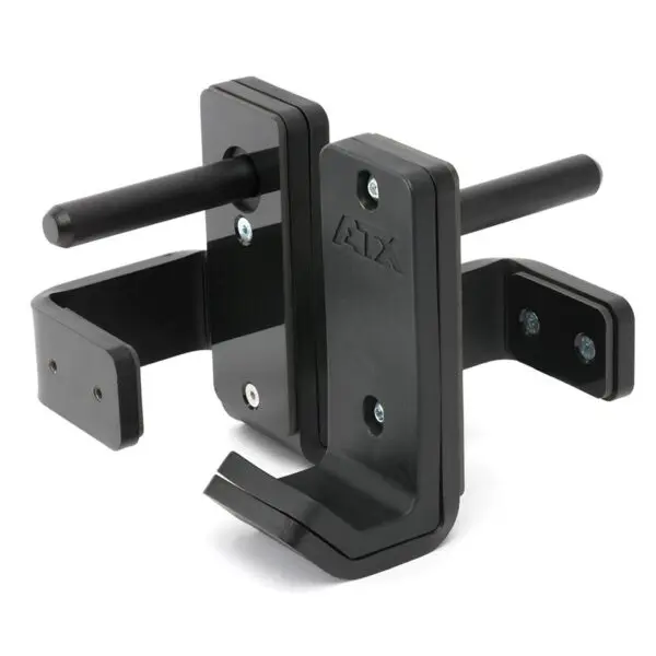 ATX® J Hooks Compact are black metal barbell hooks with a padded interior and a mounting bracket, securely attached with screws to a lifting rack for holding barbells.
