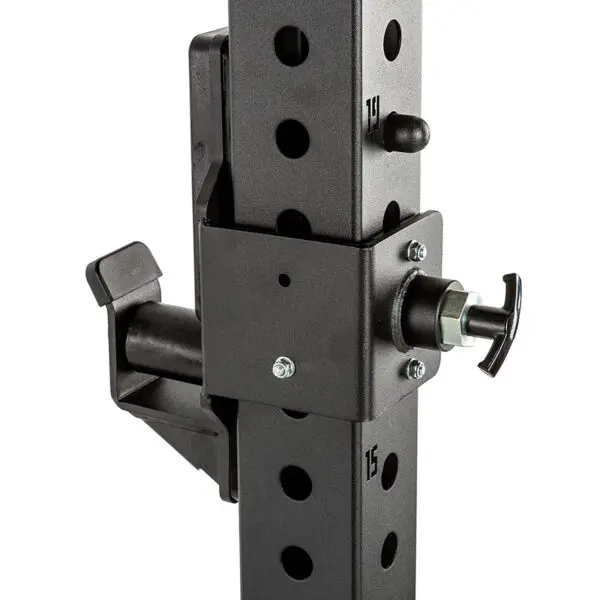 Close-up of an ATX® Roller J-Hooks with numbered holes for height adjustment. A knob and safety pin secure the bracket in place, showcasing the durable metal construction.