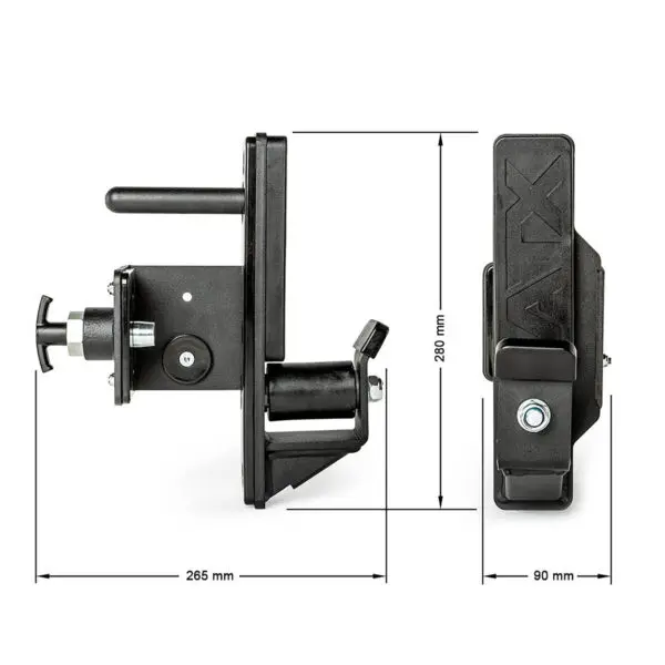 Image of ATX® Roller J-Hooks in black with measurements. The bracket features a handle and adjustable knob. Front and side views show dimensions: 265 mm wide, 280 mm tall, and 90 mm deep.