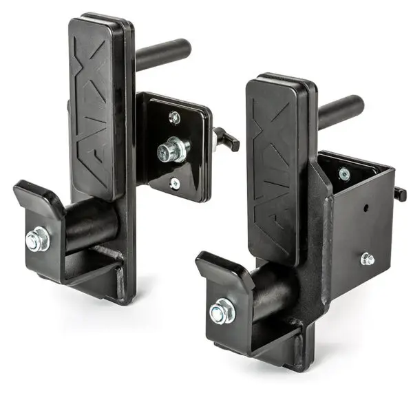 ATX® Roller J-Hooks are black metal barbell holders with adjustable mounts and handles, perfect for weightlifting equipment.
