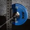 An ATX® Roller J-Hook holds a blue 20 kg weight plate on a barbell, resting on a rack with a brick-patterned wall backdrop.