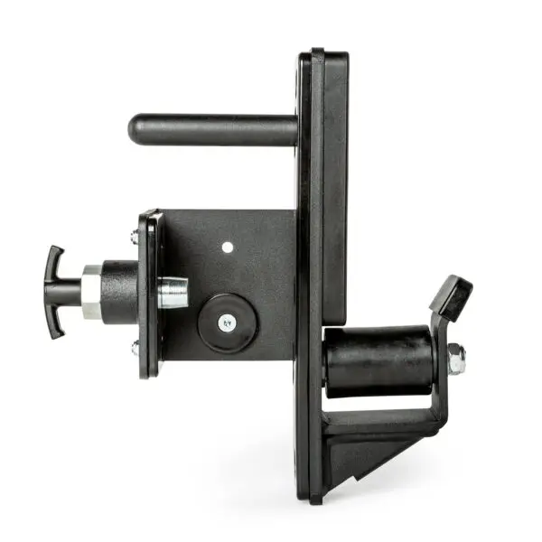 The ATX® Roller J-Hooks are black metal bracket assemblies featuring a lever handle, cylindrical components, and bolts. The structure, with a matte finish for mechanical or industrial use, is set against a plain white background.