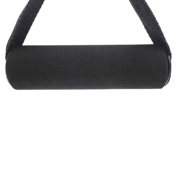Close-up of a black cylindrical Nylon Stirrup Handle with attached black straps, typically used for fitness equipment like exercise machines or resistance bands, set against a plain white background.