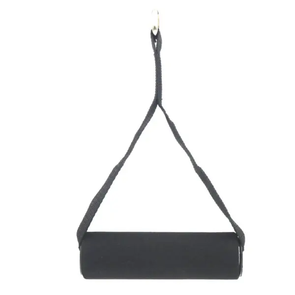 The Nylon Stirrup Handle, featuring a black foam grip attached to a strap with a metal hook, is shown suspended vertically. Ideal for fitness or physical training exercises, the background is plain white.