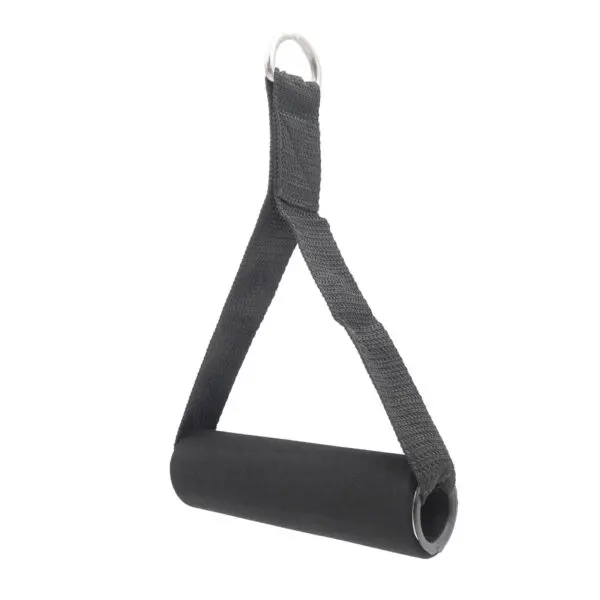 The Nylon Stirrup Handle is a black resistance band handle with a foam grip, a sturdy nylon strap, and an attachment-ready metal ring.
