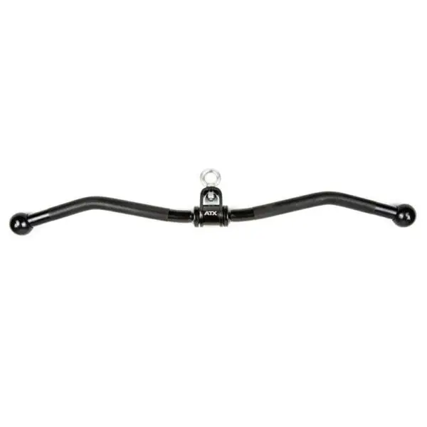 The ATX® EZ Curl Rotational Blackline is a black metal gym cable attachment with ergonomic handles and a central swivel. Designed for weight machines, it provides seamless rotation and versatile grip positions for an enhanced workout experience.