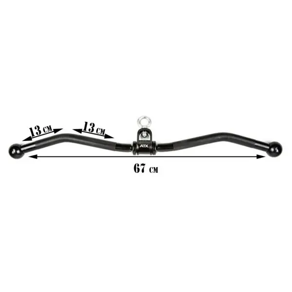 The ATX® EZ Curl Rotational Blackline bar is 67 cm long, featuring 13 cm marked segments on both ends, a center hook for easy attachment, and ball-shaped grips on its curved ends to ensure a versatile and comfortable workout.