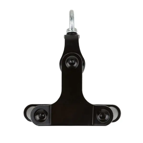 The ATX® Lat Bar Blackline, made of black metal, features a sturdy bracket with a top hook, three bolted joints, and dual horizontal base extensions. Its industrial design is perfect for lifting tasks and stands out against a plain white background.
