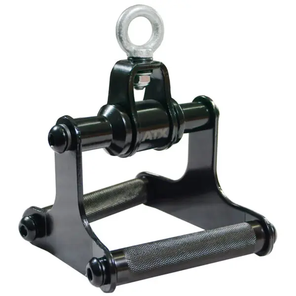The ATX® Lat Bar Blackline is a black metal gym cable attachment featuring a knurled grip handle and a metal ring for connecting to equipment, designed for exercises such as seated rows or lat pulldowns.