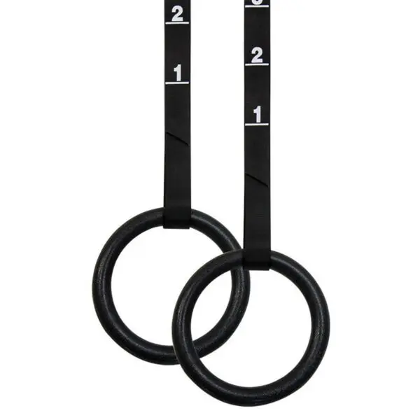 A pair of ATX® Plastic Gym Rings hang from adjustable black straps with white measurement markings, displaying numbers 1 and 2.