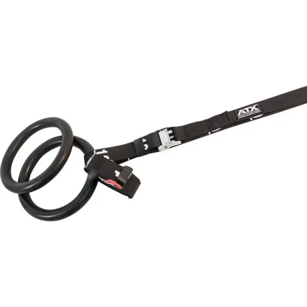 The ATX® Plastic Gym Rings, in black, are attached to an adjustable black strap with a metal buckle, shown coiled beside the rings. They are commonly used for strength training and gymnastics exercises.