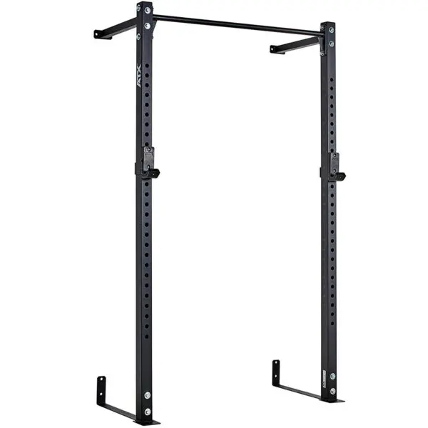 The ATX® Wall Mounted Squat Rack features adjustable height, sturdy metal construction, and multiple holes for customization in sleek black. Ideal for home gym and fitness training.