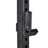 Close-up of the ATX® Wall Mounted Squat Rack in black metal, featuring numbered adjustment holes and a J-hook for weightlifting bars. This rack is sturdy and ideal for gym use.