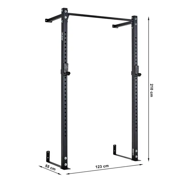 The ATX® Wall Mounted Squat Rack is a sturdy black metal pull-up bar and frame with dimensions of 210 cm (H) x 123 cm (W) x 55 cm (D), making it perfect for gyms or home workout spaces.