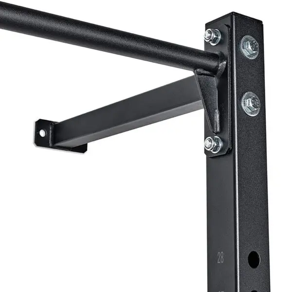 Close-up of a black metal pull-up bar mounted on a steel frame, secured with bolts and screws. Its sturdy design suggests integration with the ATX® Wall Mounted Squat Rack, perfect for fitness or exercise purposes.