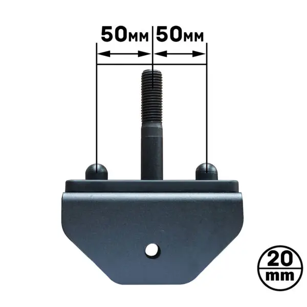 The ATX® PRX Jammer Arms image features a black metal bracket with a central threaded rod, revealing a 50mm distance on each side of the rod from the top view. A circular badge at the bottom right displays 20 mm.