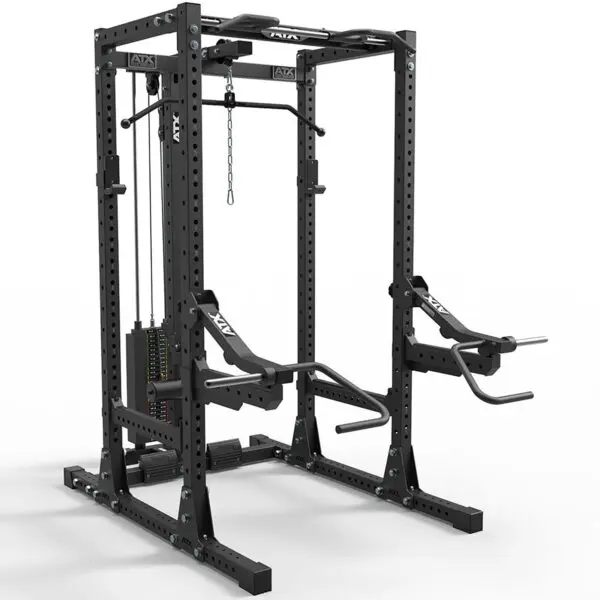 The ATX® PRX Jammer Arms is a black multi-functional power rack featuring adjustable weight stacks, pull-up bar, and dip handles. Its robust, modular design suits various strength training exercises in a gym setting.