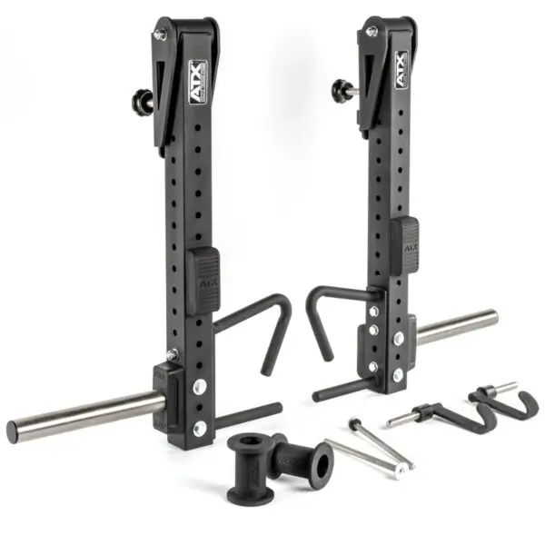 The ATX® Jammer Arms are two adjustable black metal gym hooks featuring multiple holes, pins, and attachments for secure mounting. The kit includes rods, brackets, and smaller components for assembly. Ideal for use with weightlifting equipment.