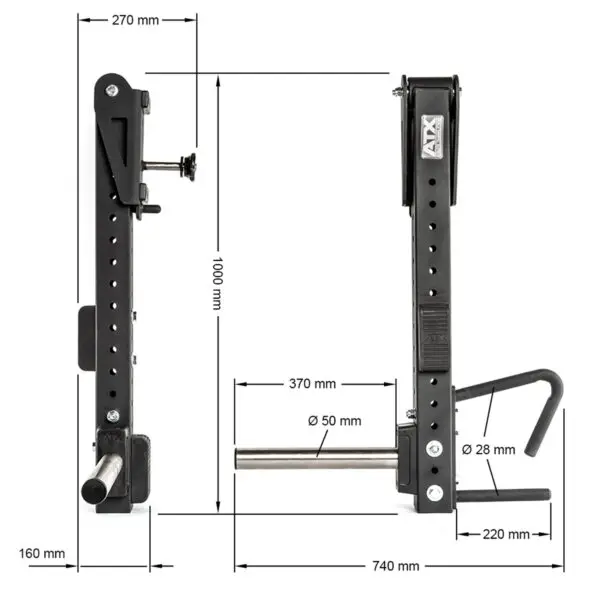 The ATX® Jammer Arms are adjustable squat rack attachments, featuring multiple holes for height adjustments and metal support bars. The side-by-side comparison highlights dimensions in millimeters for various parts.