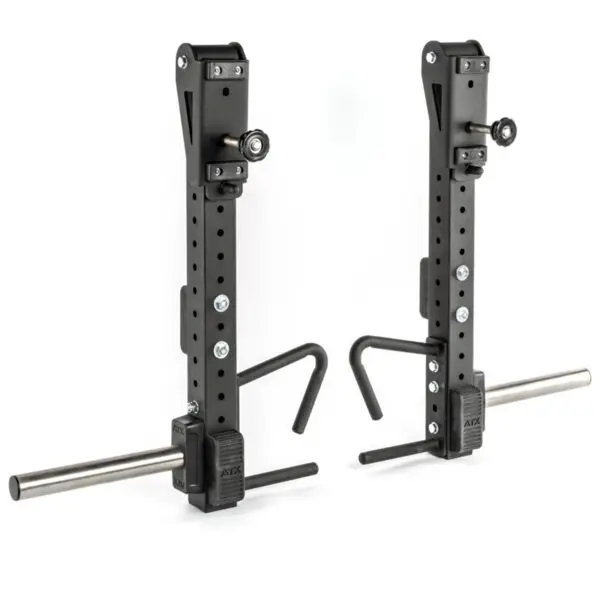 The ATX® Jammer Arms are adjustable black metal weightlifting rack attachments with multiple screw holes for height adjustments. Each arm features a hook and a horizontal silver bar, perfect for organizing weights or gym equipment.