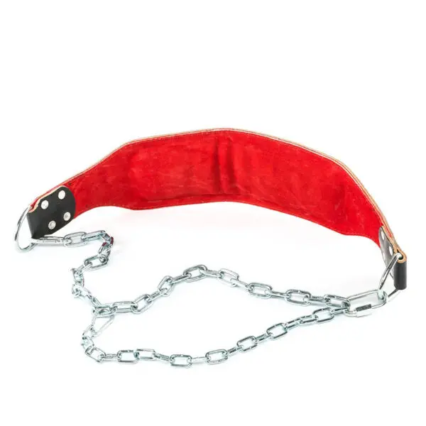 The ATX® Leather Dip Belt, in red, features a padded fabric panel and metal chain for adding weight to your exercises. Its durable leather construction enhances your workout regimen seamlessly.