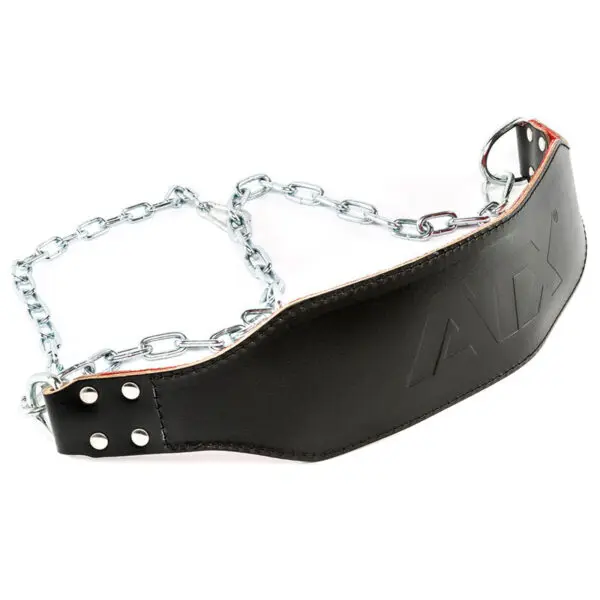 The ATX® Leather Dip Belt is a black leather dip belt featuring a chain and silver studs, with ADX embossed on its surface. The securely attached chain is ideal for adding extra weights to enhance your workouts.