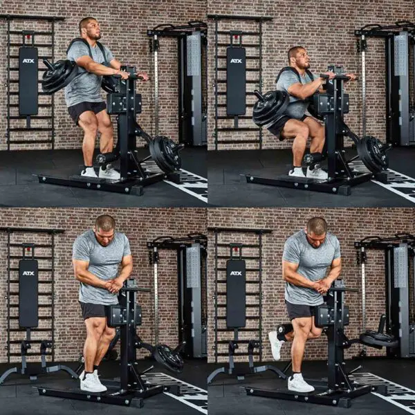 A man expertly demonstrates a standing calf raise with the ATX® Leg Master. Four images capture each stage from start to peak. Dressed in a gray shirt and black shorts, he epitomizes strength and focus, akin to mastering a standing leg curl.