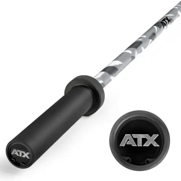 The ATX® Olympic 150cm Barbell Camo features a camo design and black end caps with ATX lettering. Displayed from a slightly angled top-down view, the barbell includes an inset circle highlighting the logo.