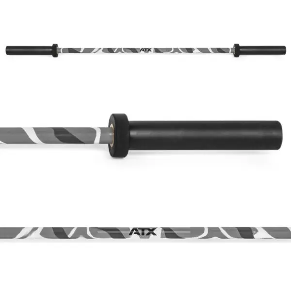 The ATX® Olympic 150cm Barbell Camo in black and gray features a camo pattern, smooth finish, and knurled grips. Its displayed in images showing its full length, grip close-up, and logo detail.
