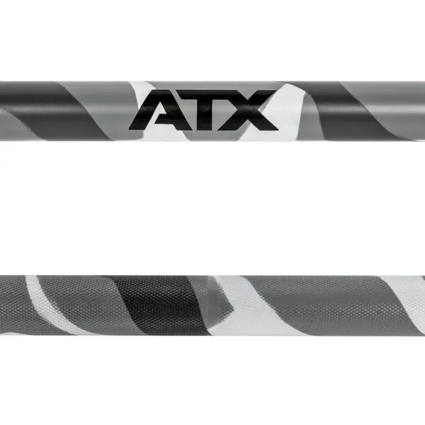 A close-up shows an ATX® Olympic 150cm Barbell Camo, featuring a gray, white, and black camouflage design and the text ATX in black.