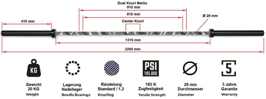 Image of the ATX® Olympic Camo Power Bar: 2200 mm length, center knurl is 810 mm, dual knurl marks are 910 mm apart. It has a 28 mm diameter and weighs 20 kg. Includes needle bearings, standard knurling, an impressive tensile strength of 185K PSI, and a durable 5-year warranty.