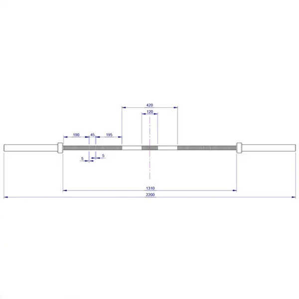 Diagram of the ATX® Olympic Camo Power Bar with detailed measurements: total length 2200 mm, including a 1310 mm middle grip area and multiple smaller segments marked for specific dimensions.
