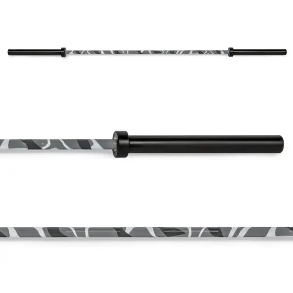 The ATX® Olympic Camo Power Bar is displayed from various angles, showcasing its sleek design. It features a black grip section and a unique camo pattern in gray and white for weightlifting exercises.