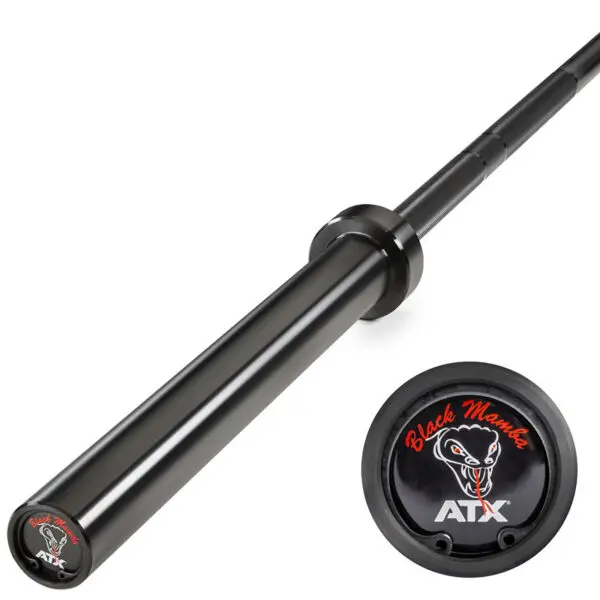Close-up of a black ATX® Olympic Black Mamba Power Bar with a snake logo on the end cap. The bar has a sleek, durable finish with a detailed view of the logo included.