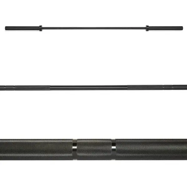 Close-up and full views of the ATX® Olympic Black Mamba Power Bar, a black metal barbell with textured grips, on a white background.