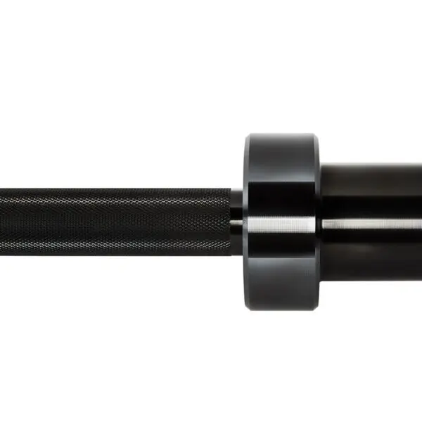 The ATX® Olympic Black Mamba Power Bar is displayed horizontally against a white background, featuring its sleek black finish, textured knurling, and polished ends.
