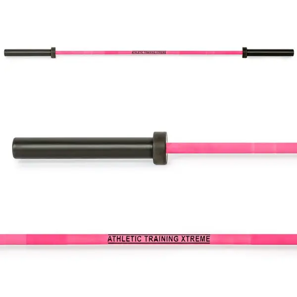 The ATX® Womens PINK 15kg Bar is displayed in pink and black from multiple angles, showcasing its sleek design ideal for strength training.