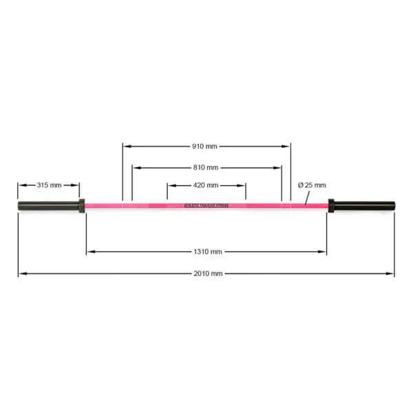 A diagram shows the ATX® Womens PINK 15kg Bar, total length 2010 mm, diameter 25 mm. Segments of 910 mm, 810 mm, 420 mm, and 315 mm are illustrated with the center section highlighted in pink.
