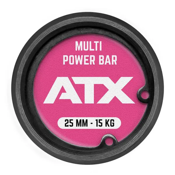 A round, pink ATX Womens 15kg multi power bar end cap features the text MULTI POWER BAR at the top and 25 MM - 15 KG at the bottom.