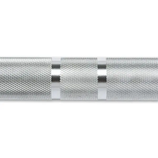 Close-up of the ATX® Olympic Power Barbell with Centre Knurling, showcasing its shiny silver finish and detailed textured grip. The bar features an intricate knurled pattern for enhanced handling.