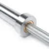 Close-up of the ATX® Olympic Power Barbell with Centre Knurling, highlighting its shiny silver finish, textured grip, and smooth metal sleeves. The barbell is partially visible, showing detailed knurling and sleeve connection.
