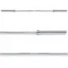 Three views of the ATX® Olympic Power Barbell with Centre Knurling on a white background: top view of the entire bar, close-up showing grip texture, and side view highlighting the bars length and ends.